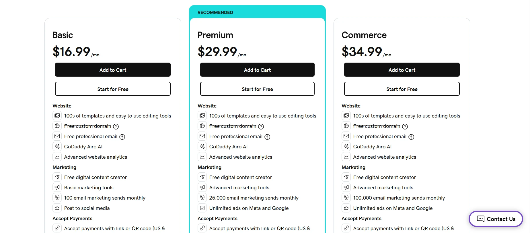 GoDaddy Online Store pricing plans