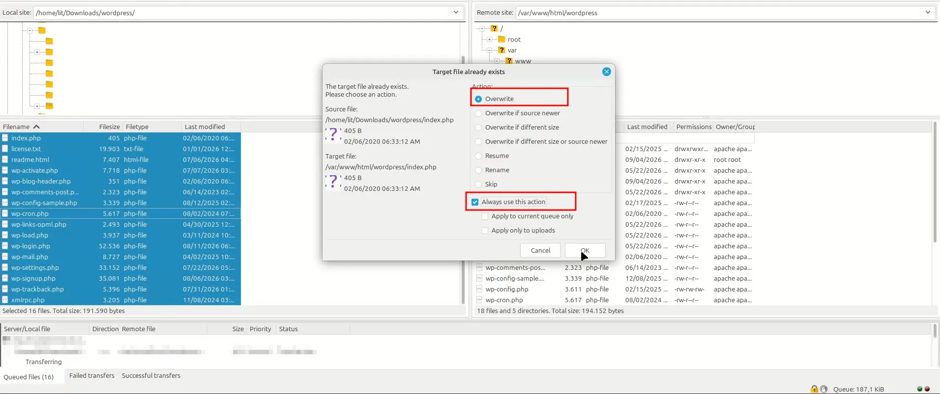 Select Overwrite files