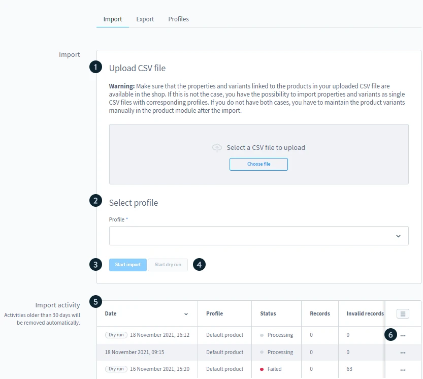Shopware import dashboard