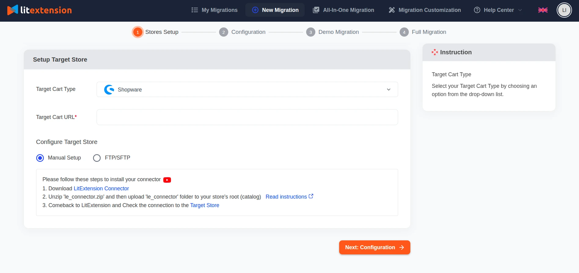 Step 1: Select Shopware as target cart