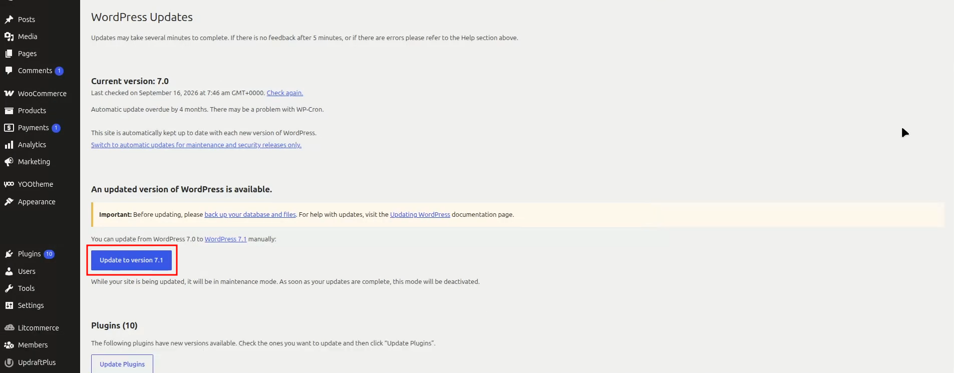Update to version button in the WordPress dashboard