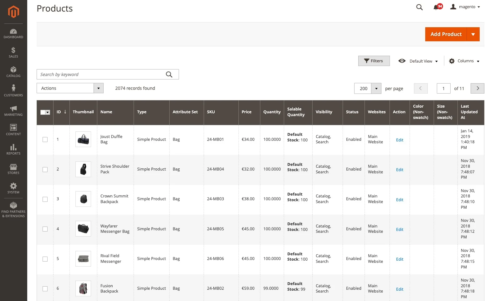 Magento product inventory dashboard