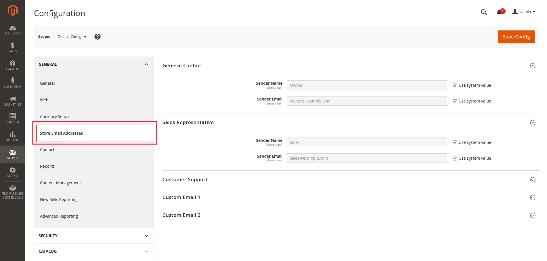Magento store email addresses settings