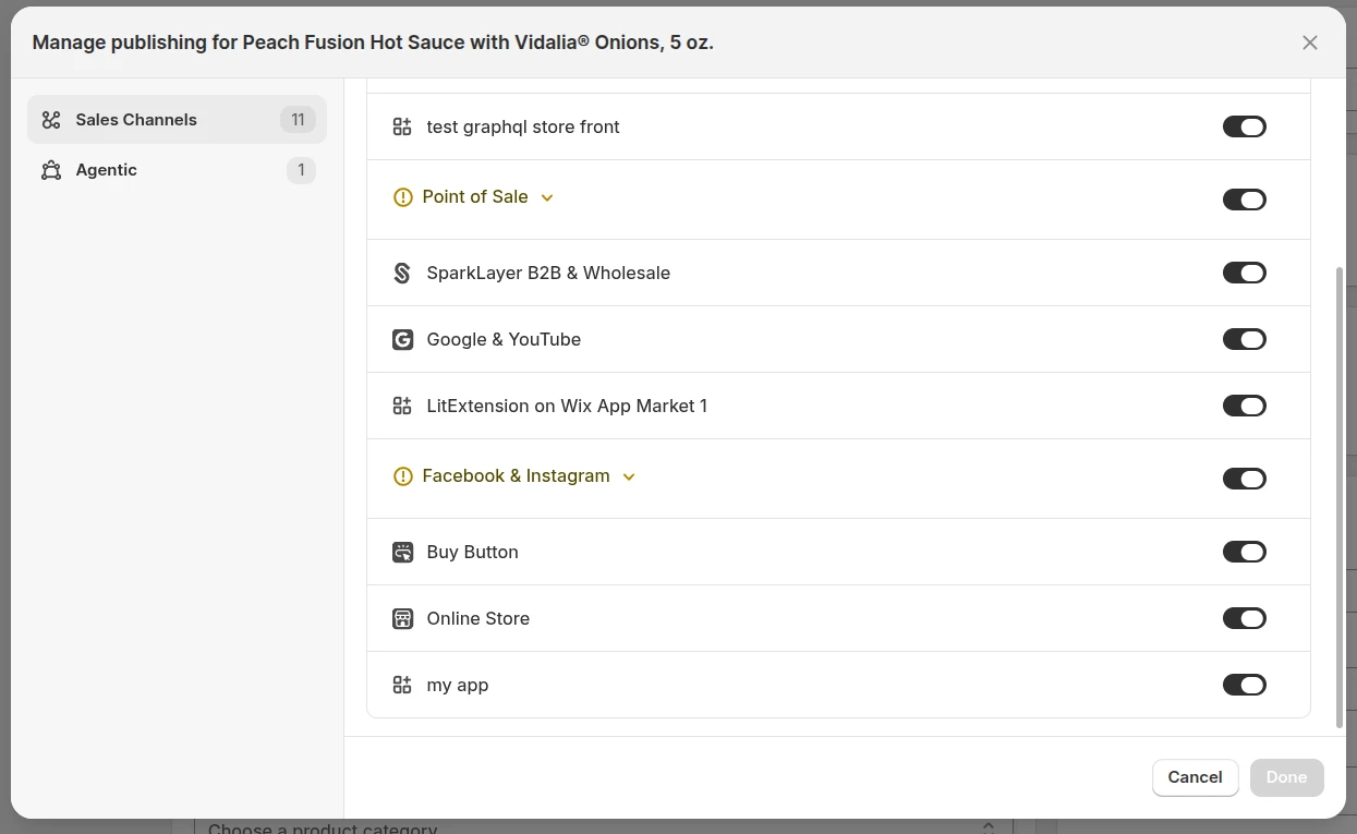 Select sales channels for publishing