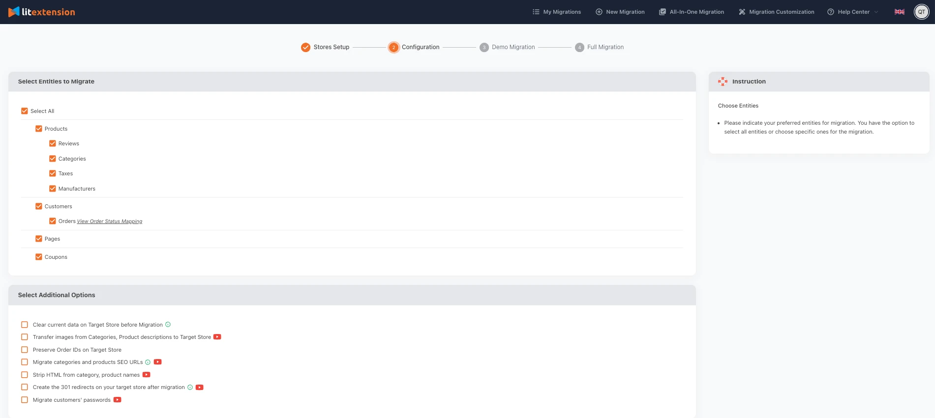 Choose entities to migrate to WooCommerce