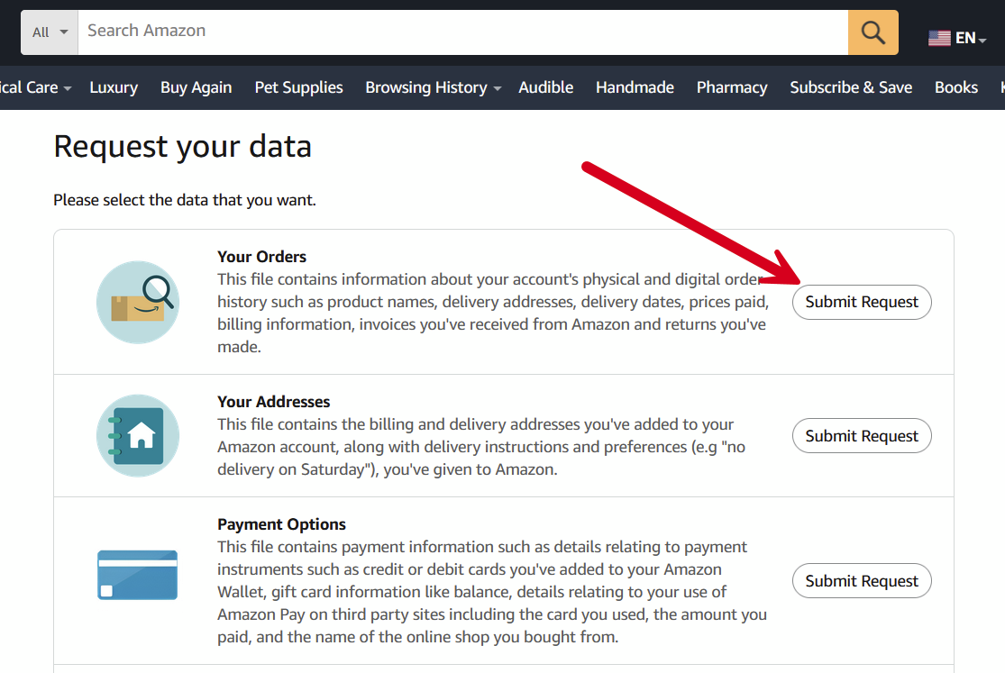 Submit request to export Amazon orders