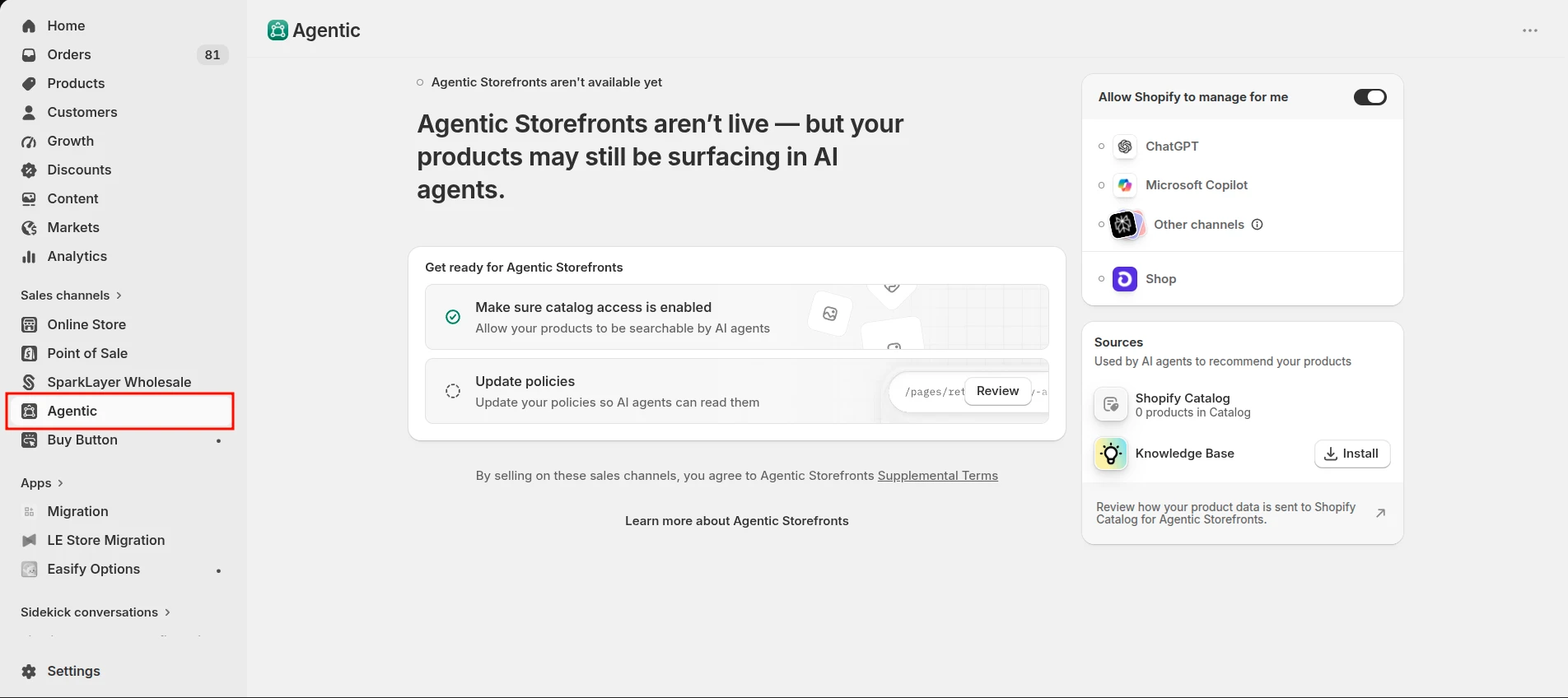 Shopify agentic setup dashboard