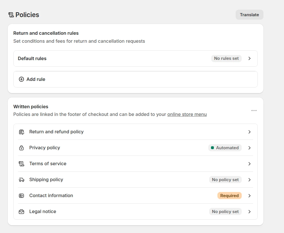 Configure Shopify policies settings