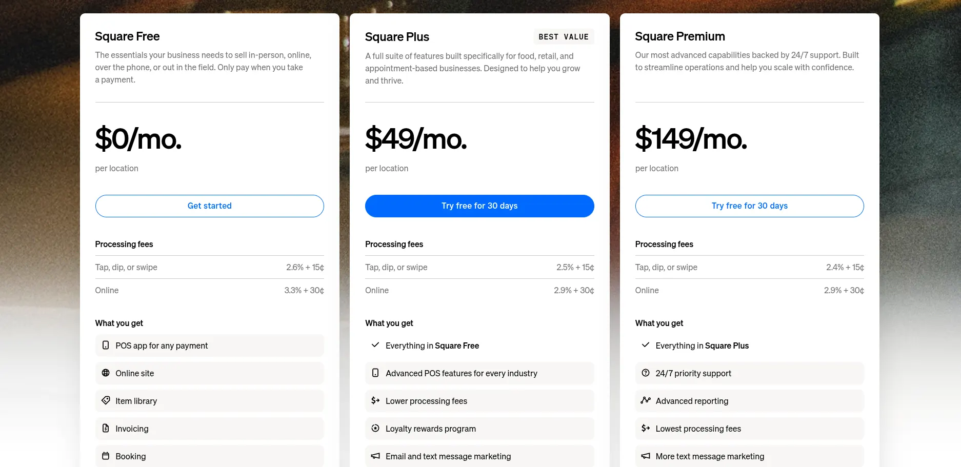 Square pricing plans