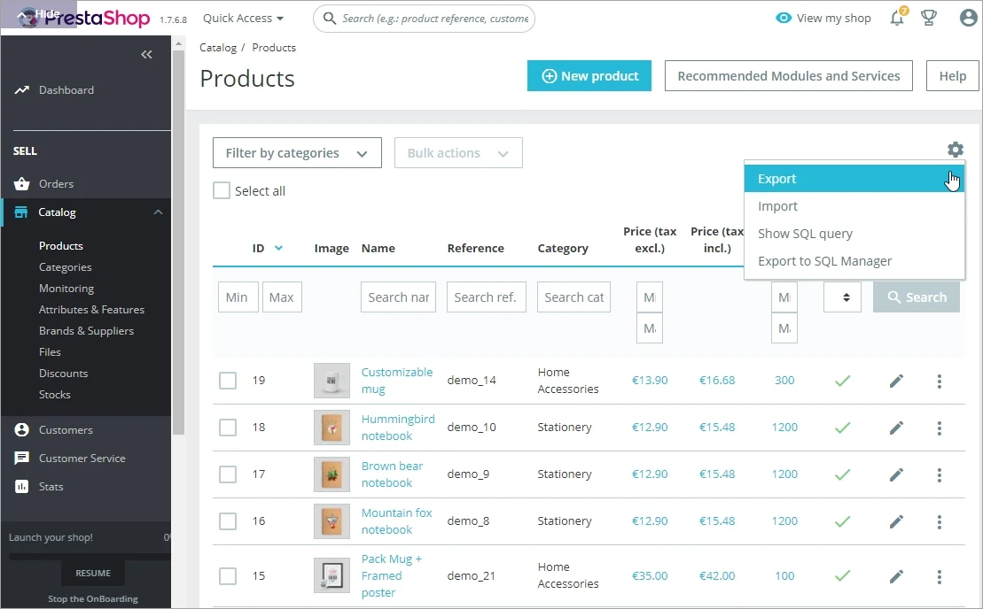 0 prestashop export products