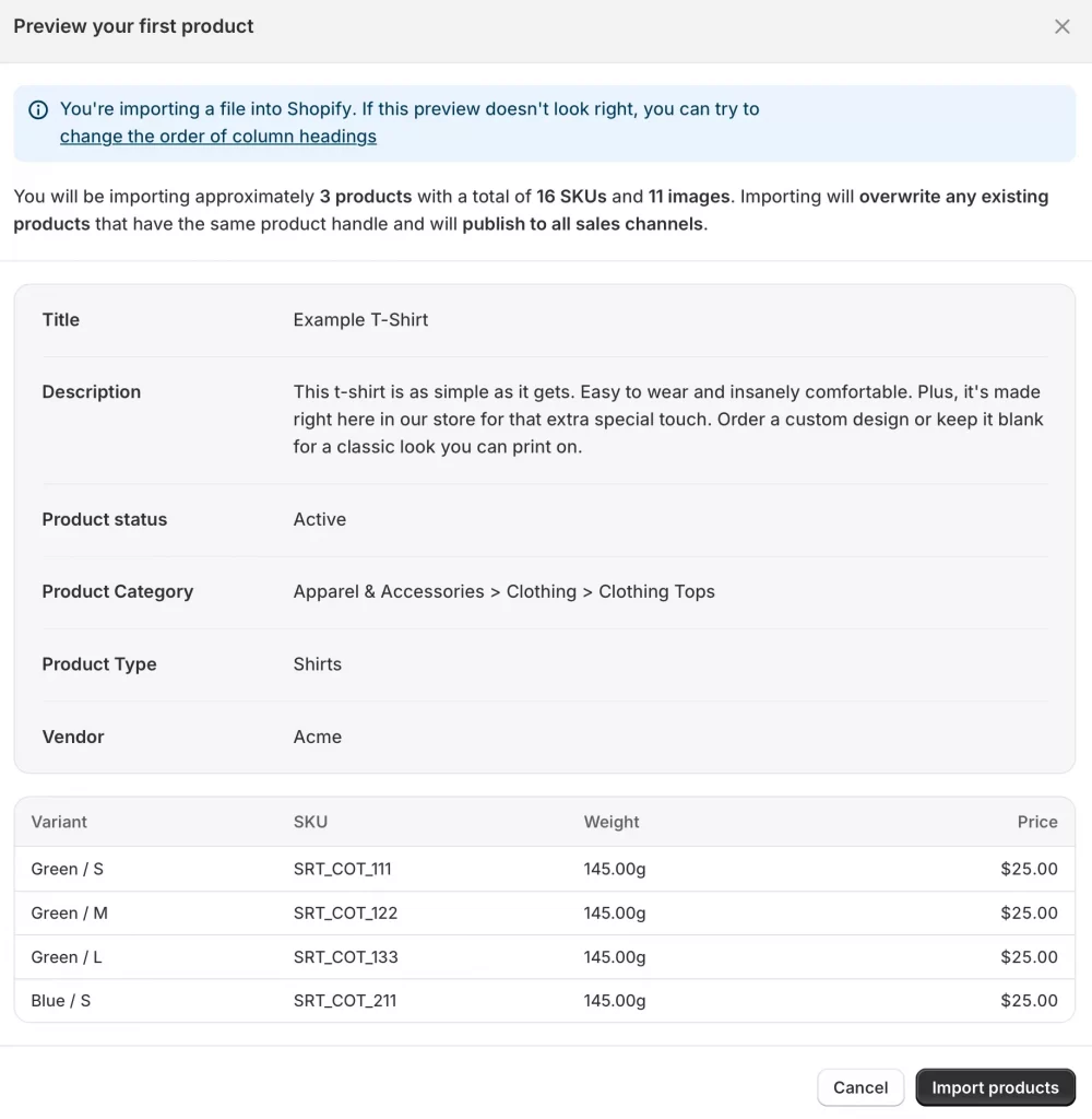 21 preview products on csv file