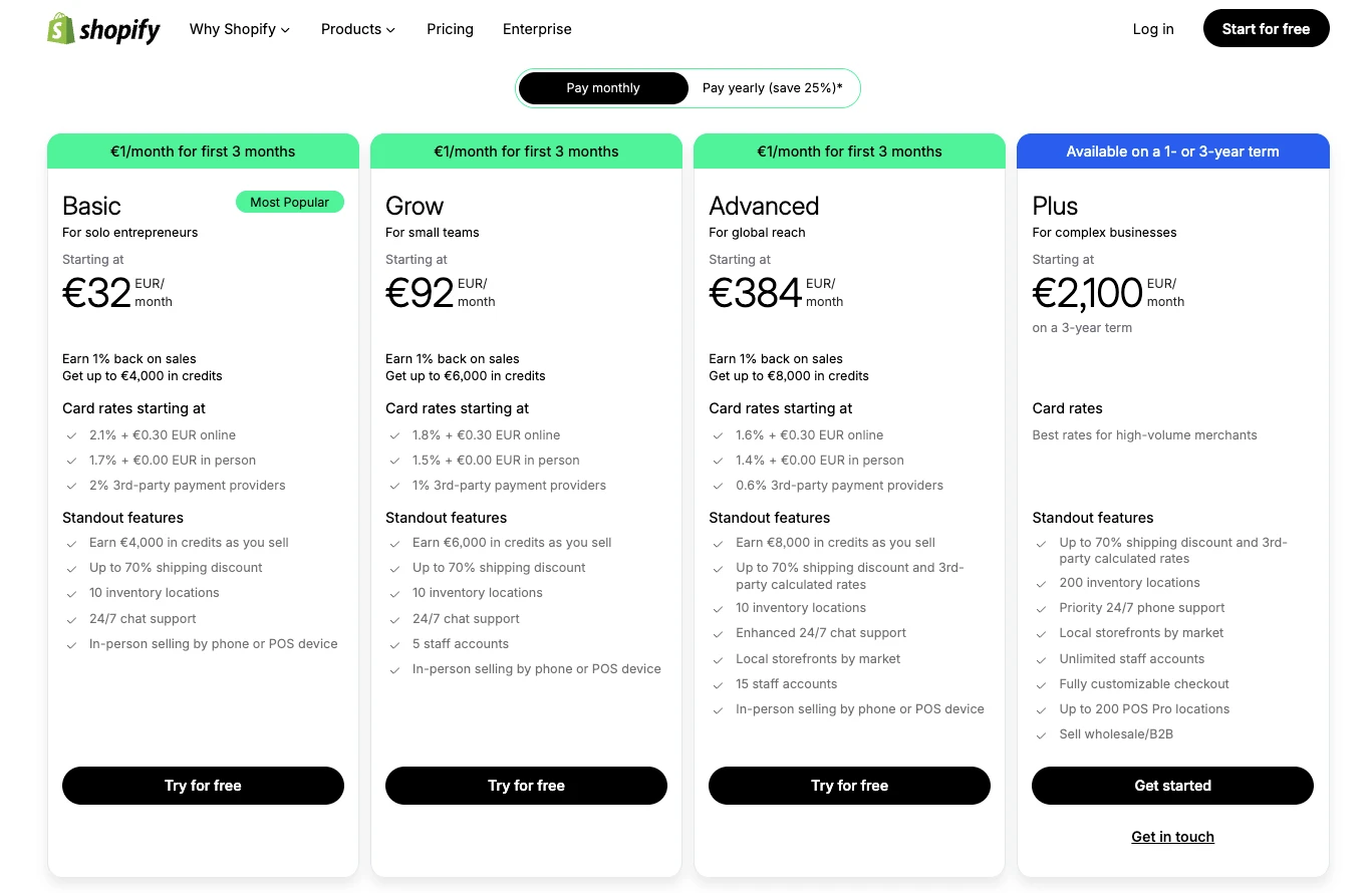 3 shopify monthly pricing
