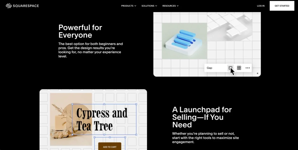 Editor visual Fluid Engine de Squarespace con diseño de arrastrar y soltar en escritorio y móvil