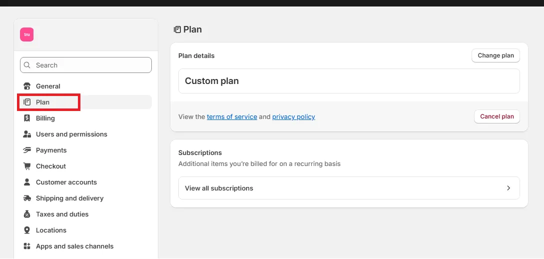 shopify plan settings