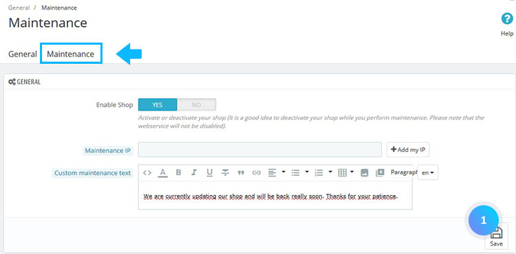 enable maintenance mode in Prestashop: Maintenance tab