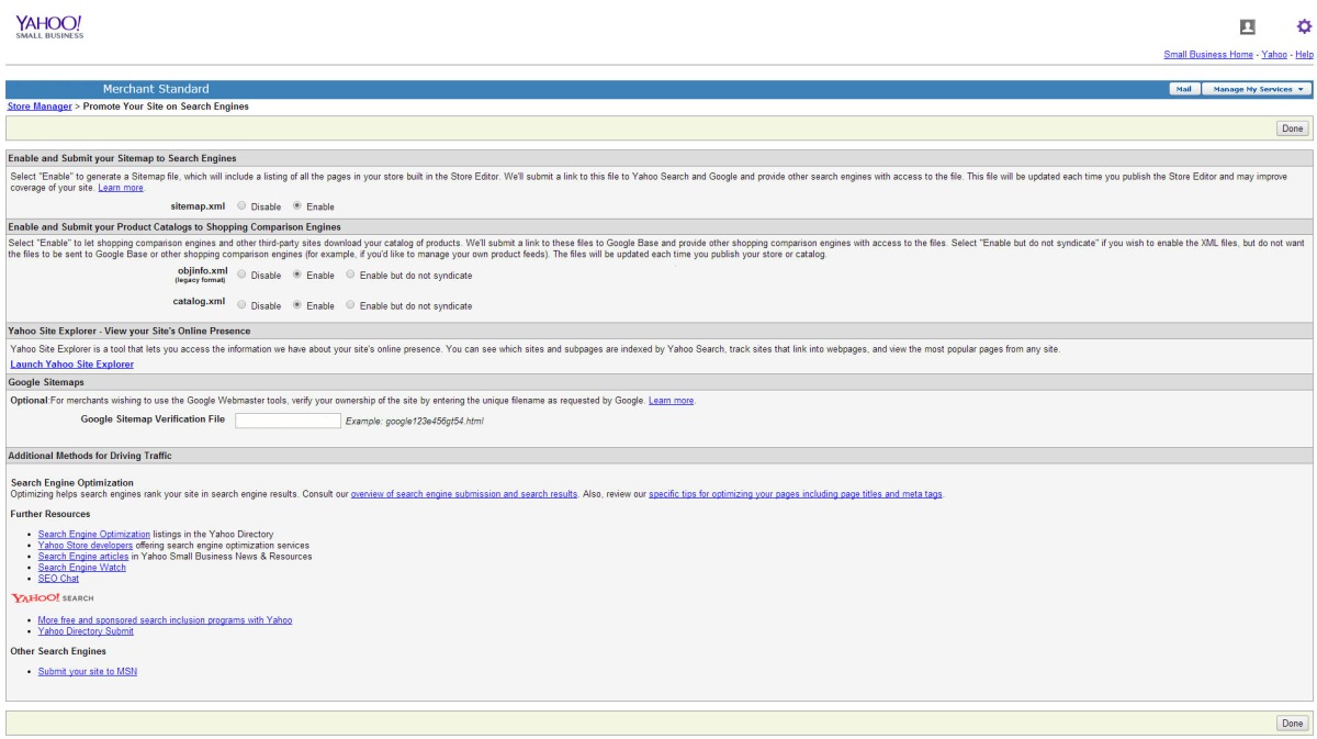 enable products catalog on Yahoo
