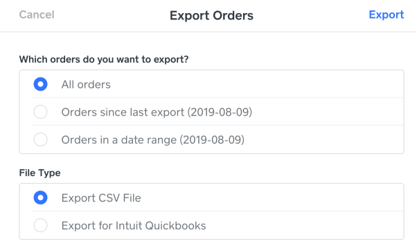Weebly' Export Orders section