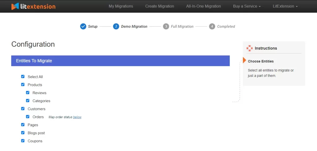 Select entities to migrate from BigCommerce to WooCommerce