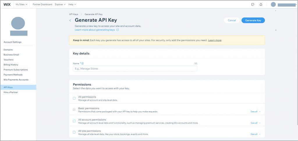 Wix API key manager
