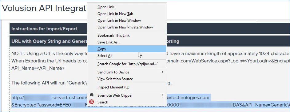Copy API URL Volusion