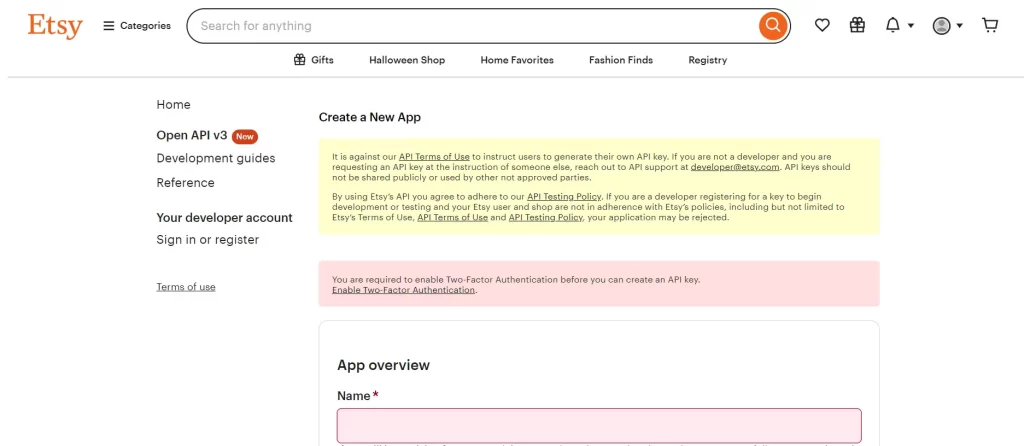Etsy create a new app
