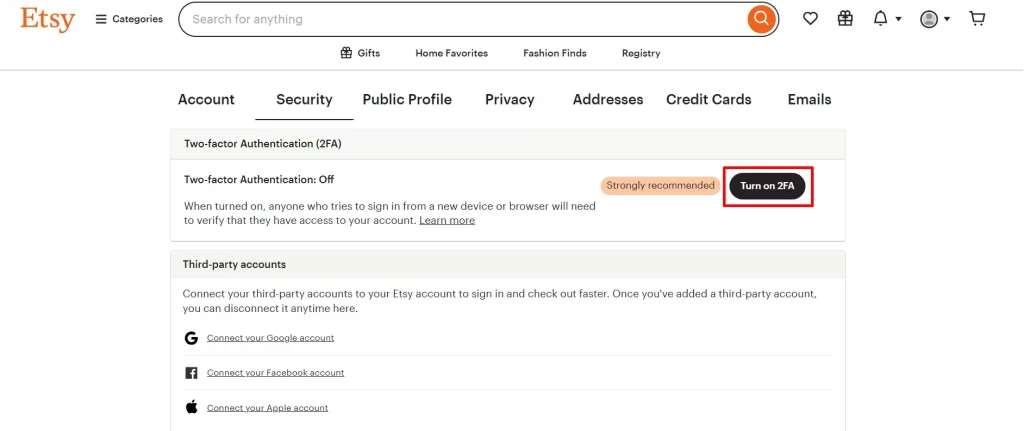 Turn on 2FA on Etsy