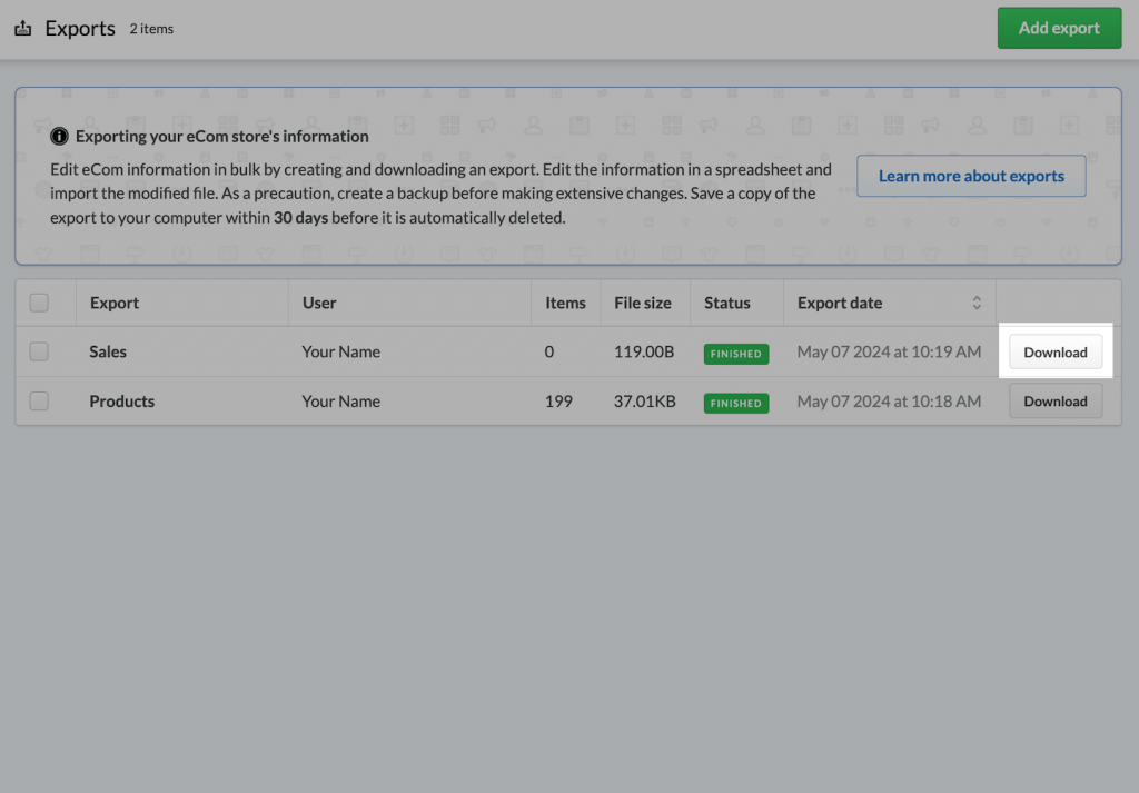 Download CSV files Lightspeed