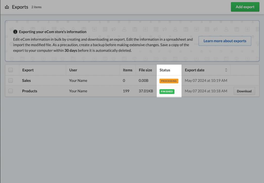 Lightspeed export status