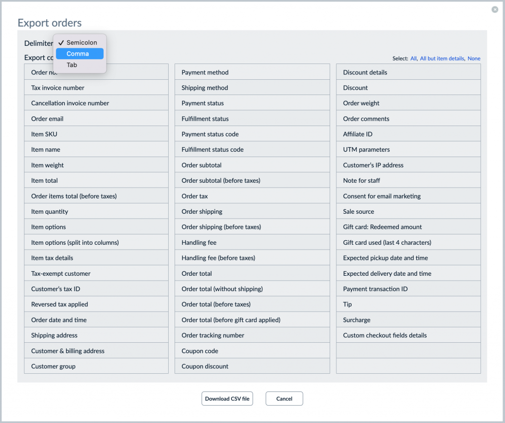 Select the delimiter Ecwid