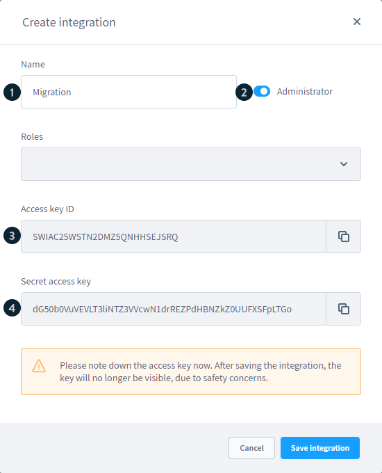Step 1. Fill in the info, note down the keys, and click "Save Integration."