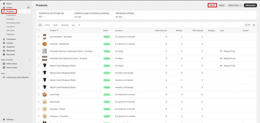 Export Shopify products