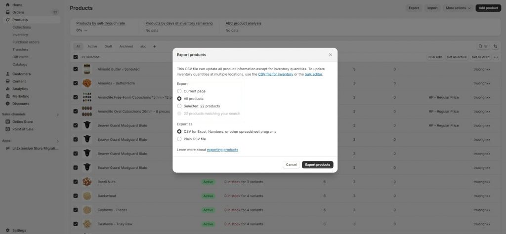 Select export options