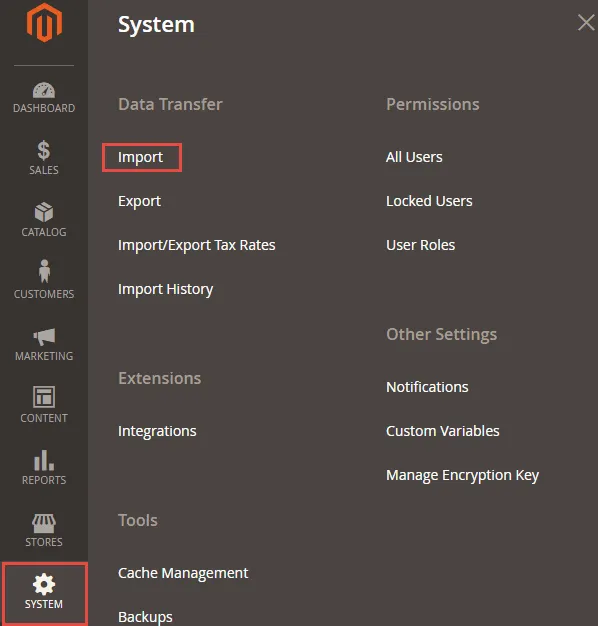 Step 3. Navigate to System > Data Transfer > Import.