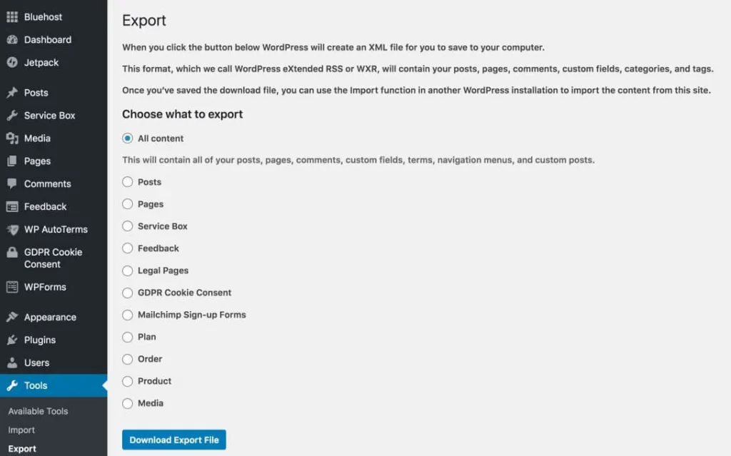 Export WordPress Content