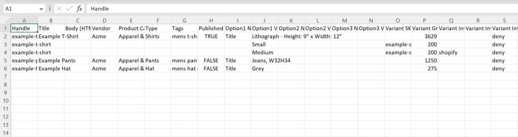 Shopify Import Products CSV Template