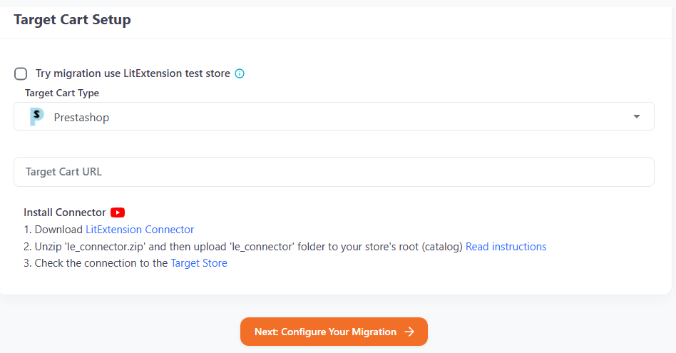 Set up prestashop as target cart