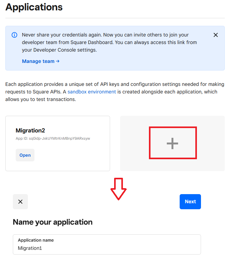 create new app on square Step 2: Create a new application