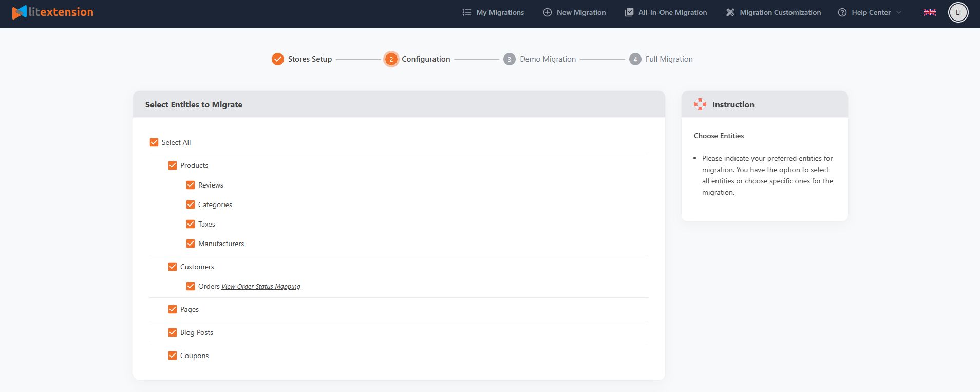 select entities to migrate Select entities to migrate