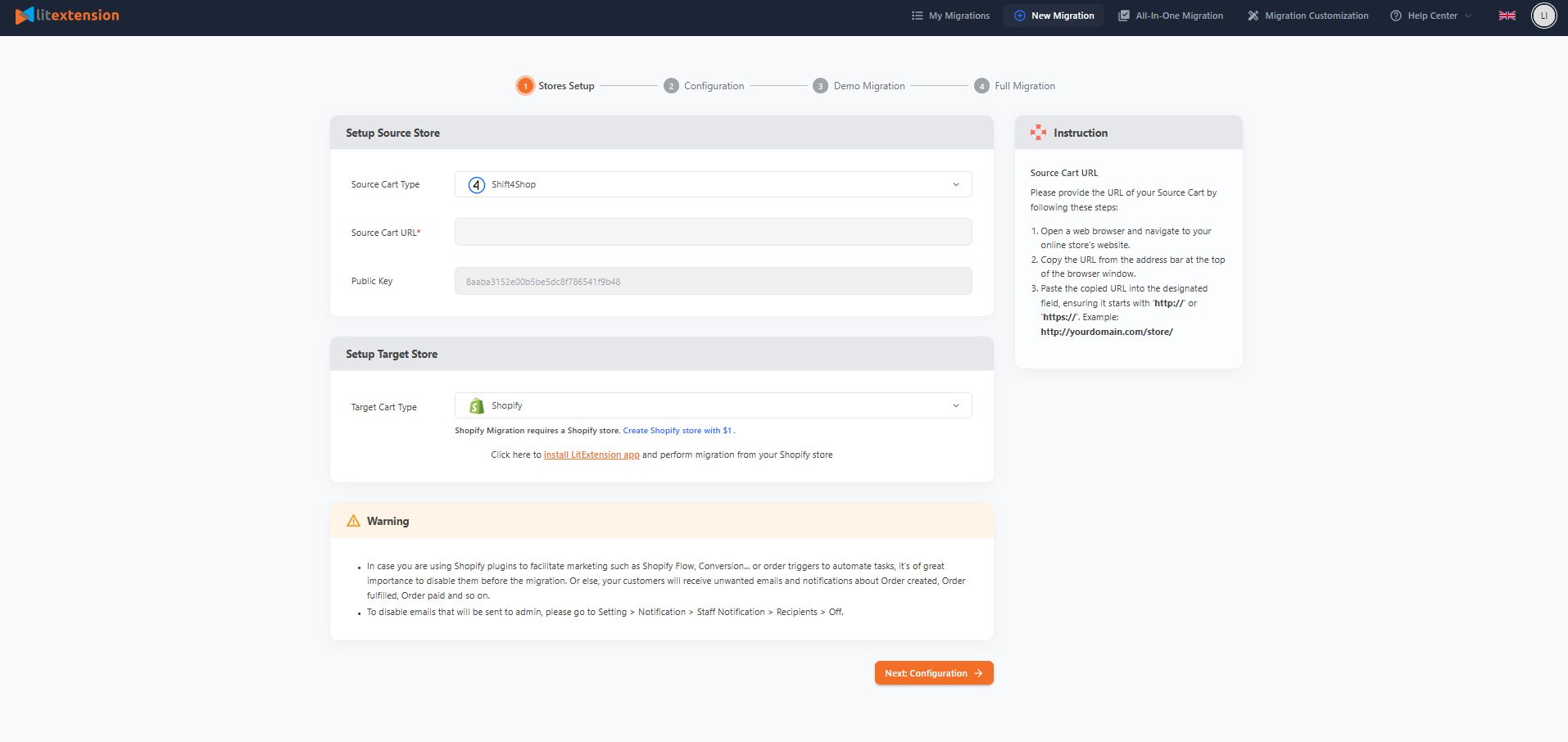 shift4shop to shopify setup Shift4Shop to Shopify Source and Target Cart setup